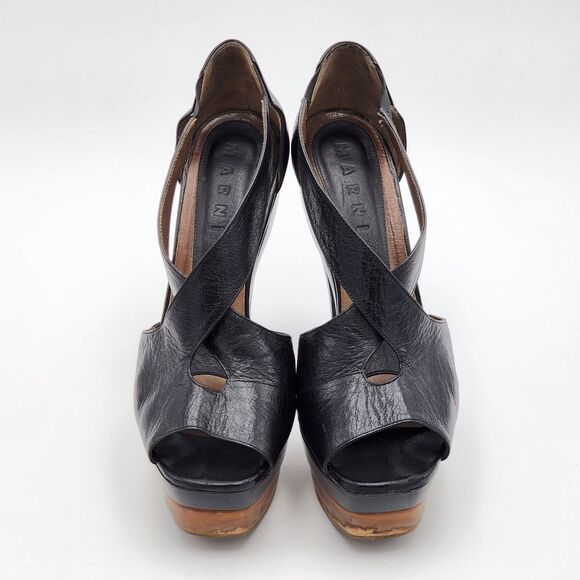 Marni Vintage Cross Strap Wooden Platform Heels Size 8 - Picture 2 of 11